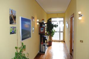 乌尔巴尼亚B&B Pippinella的走廊设有黄色的墙壁和硬木地板