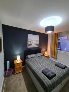 TorlundyNorth Face Apartment , Fort William的一间卧室配有一张带2个床头柜和2盏灯的床。