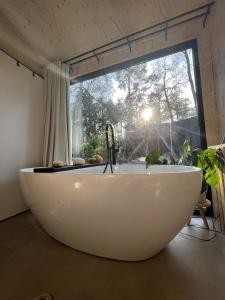 宁斯佩特Vague Luxurious Tiny House Luxe Wellness, Spa Bad,Beamer, Veluwe的窗户客房内的白色大浴缸