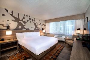 埃斯蒂斯帕克Holiday Inn Estes Park, an IHG Hotel的酒店客房设有一张大床和一张书桌。