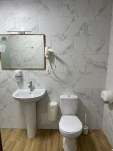 赫梅利尼茨基Fortetsya的一间带卫生间、水槽和镜子的浴室