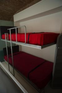 博洛尼亚中世纪博洛尼亚优雅现代阁楼公寓的一间卧室配有两张双层床,铺有红色床单