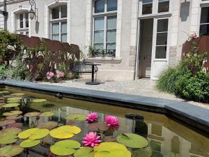 蒙特勒伊Hôtel Loysel le Gaucher的水池,有百合花垫和粉红色的花