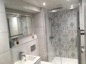 温德米尔布雷芒特别墅住宿加早餐酒店的带淋浴、盥洗盆和镜子的浴室