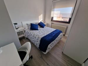 阿维拉Aurora的一间卧室配有一张带蓝色枕头的床和一扇窗户。