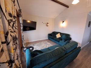 BrundallRiver Retreat - Norfolk Broads的客厅配有蓝色的沙发和电视