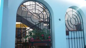 门多萨阿祖尔公寓式酒店的有一扇门,窗户上放着植物