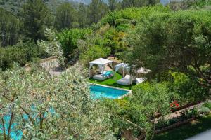 阿拉罗Hotel Rural S'Olivaret & Spa的享有带帐篷和树木的游泳池的顶部景致