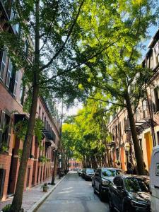 波士顿Luxury - Pet Friendly 3bd, 3ba South End Condo的一条林荫大道上,有停车的汽车和建筑物