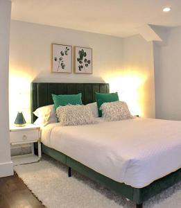波士顿Luxury - Pet Friendly 3bd, 3ba South End Condo的一间卧室配有一张带绿色枕头的大床