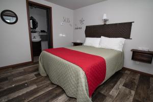 里穆斯基Motel Au Bord de l'Eau的一间卧室配有一张带红色毯子的大床