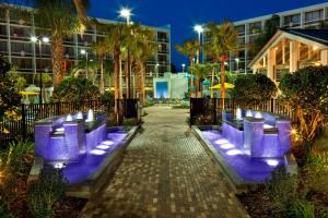 奥兰多Sheraton Orlando Lake Buena Vista Resort的建筑前带紫色椅子的走道