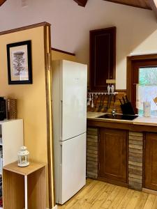 Gîte L'Orée的厨房配有白色冰箱和水槽