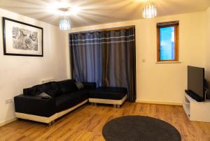 伦敦Lovely 1-Bed Apartment in Hackney London的客厅配有黑色沙发和电视