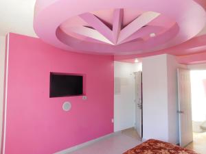 墨西哥城Hotel Extasis的一间设有粉红色墙壁和电视的客房