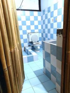 巴旺Bella's Beach Resort Apartment 8的蓝色和白色的浴室设有卫生间和浴缸。