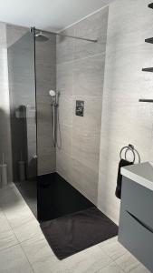 伦敦Stunning new 1 bedroom apartment的浴室里设有玻璃门淋浴