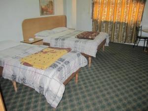 安曼亚洲大酒店的酒店客房设有两张床和一张桌子。