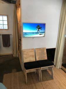 米德尔堡Mooi Genieten Studio的客厅配有椅子和墙上的电视