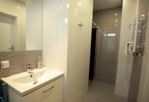 格里兹鲍Pod Różami的白色的浴室设有水槽和淋浴。