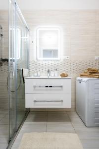 科希策Center Apartment Mlynska Kosice with private Parking的白色的浴室设有水槽和淋浴。