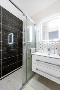 科希策Center Apartment Mlynska Kosice with private Parking的一间带玻璃淋浴和水槽的浴室
