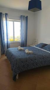 托雷拉Apartamento em Torreira - Nenúfares的一间卧室配有一张带蓝色窗帘的床和一扇窗户