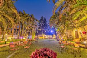 安君纳The Boho, Vagator Beach Goa Near Thalassa的棕榈树庭院里的桌椅