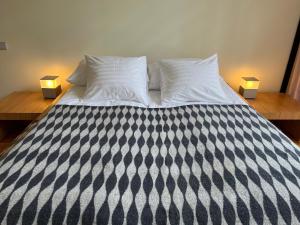萨拉茨格里瓦蓝都普拉瓦斯度假屋的一张带黑白床单的床和两盏灯