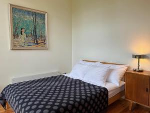 萨拉茨格里瓦蓝都普拉瓦斯度假屋的卧室配有一张床,墙上挂有绘画作品