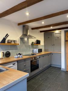 斯旺西Cilhendre Holiday Cottages - The Dairy的厨房配有灰色橱柜和炉灶烤箱