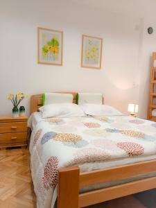 贝尔格莱德ODMORKO Zemun的一间卧室配有床、床头柜和两张图片
