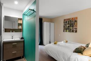 卡尔卡松艾乐欧公寓酒店的一间卧室配有一张床,浴室设有水槽