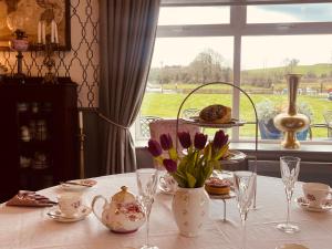 巴利纳斯洛Moycarn Lodge & Marina的花瓶和窗户的桌子