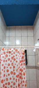 圣若泽杜斯坎普斯Morada BemTeVi Guest House的浴室内提供波卡圆顶淋浴帘