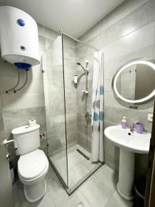 佩奇Stone Bridge Hotel的带淋浴、卫生间和盥洗盆的浴室