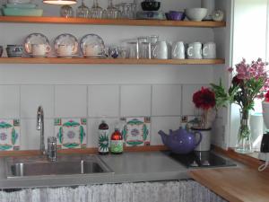 BlansParadiset Holiday House的一个带水槽的厨房台和架子上的餐具