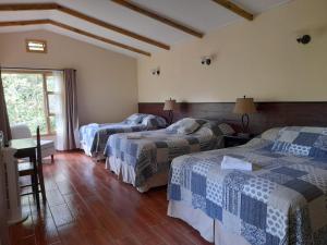 科万Estancia del Monje的酒店客房设有三张床和窗户。