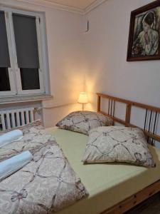 普鲁德尼克Apartament w Centrum的卧室内的两张床,墙上有一盏灯