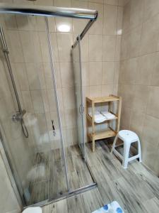 波尔图镇Apartamentos Lisboa的浴室内带凳子的淋浴间