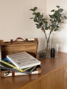 阿尔宾内Mountain Getaway - Ferienwohnung mit Sauna的一张带书籍的木桌和一个植物花瓶