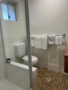 堤维德岬库克斯奋进号汽车旅馆的浴室设有卫生间和带毛巾的淋浴。