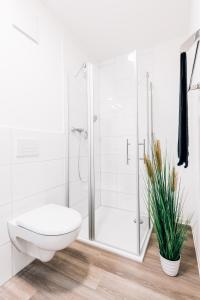 比勒费尔德Modernes Stadt-Apartement Mitte的白色的浴室设有卫生间和淋浴。
