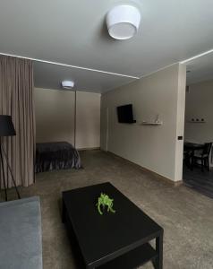 克莱佩达Vėtrungės Apartamentai的客厅配有黑桌和沙发