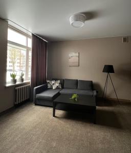 克莱佩达Vėtrungės Apartamentai的客厅配有沙发和桌子