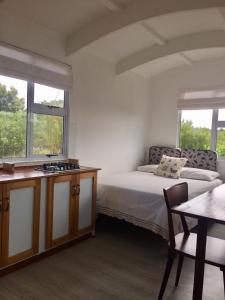 普利登堡湾Fynbos Tiny Home - Off Grid, Surrounded by Nature的一间卧室配有一张床、一张桌子和两个窗户