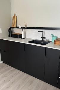卡伯尔沃格Lofoten Kabelvåg-small apartment的厨房配有黑色橱柜和水槽