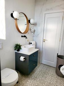 萨图马雷Twin Room - House of Chess的一间带水槽、卫生间和镜子的浴室