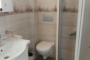 马尔马里斯Uysal Suite and Loft Seaside的浴室配有卫生间、淋浴和盥洗盆。