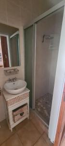 马盖特Uvongo cabanas的浴室配有盥洗盆和带镜子的淋浴